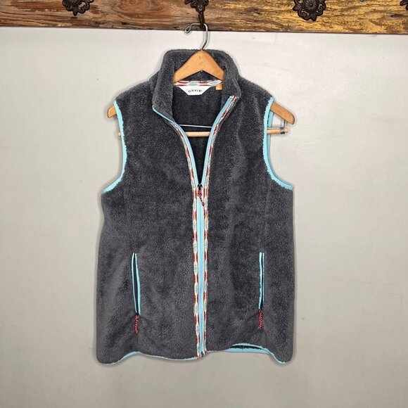 Orvis Gray Fleece Sherpa Vest- Gray‎ with Teal and Red Southwestern Detail- Size - Picture 1 of 4